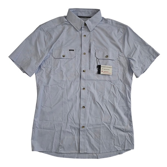 Poncho Mens Small Magnetic Pockets Button Front Shirt Slim Fit Short Sleeve Blue - Picture 1 of 6